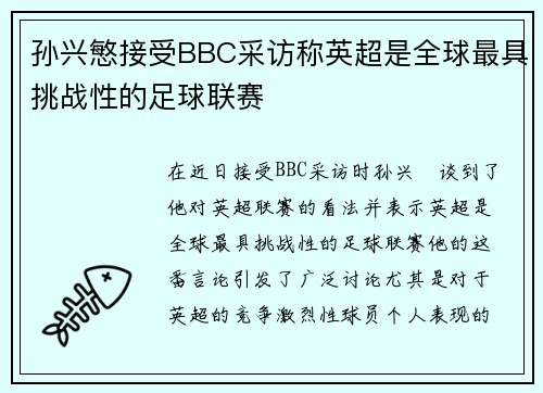 孙兴慜接受BBC采访称英超是全球最具挑战性的足球联赛 孙兴慜接受BBC采访称英超是全球最具挑战性的足球联赛